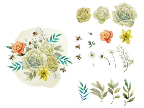 Set Elements Yellow Flowers and Bees